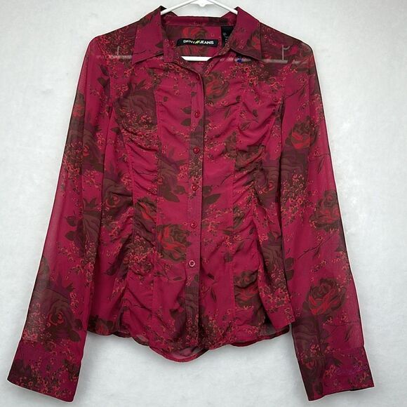 DNKY Jeans Women's Sheer Floral Print Collared Top Button-Down Blouse Sz S - Picture 1 of 8
